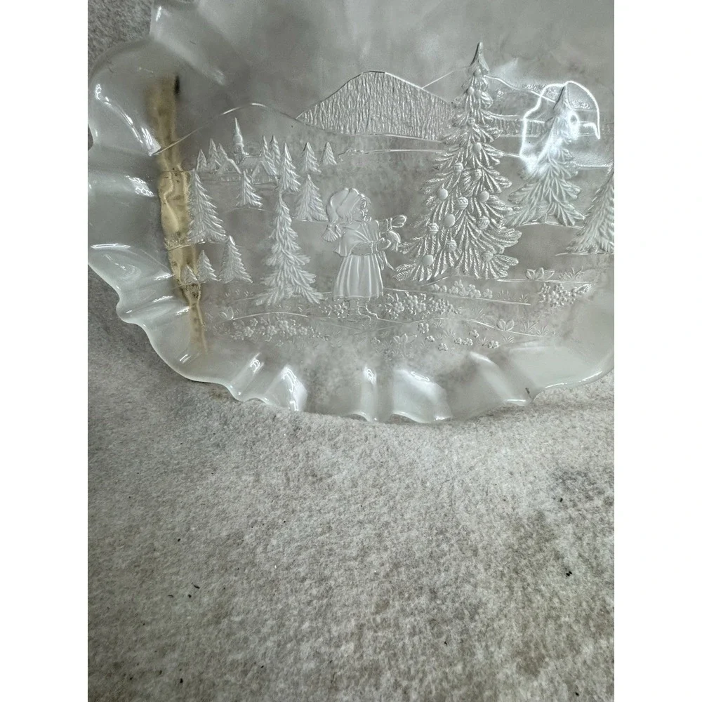 Clear Embossed‎ Glass Serving Platter Winter Scene Girl Trees Mountains Holiday